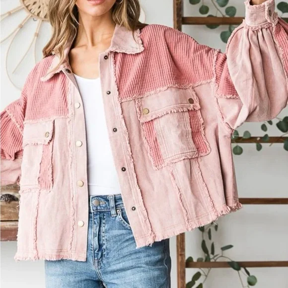 Oli & Hali Washed Fabric Mixed Crop Jacket-Blush - Picture 2 of 6